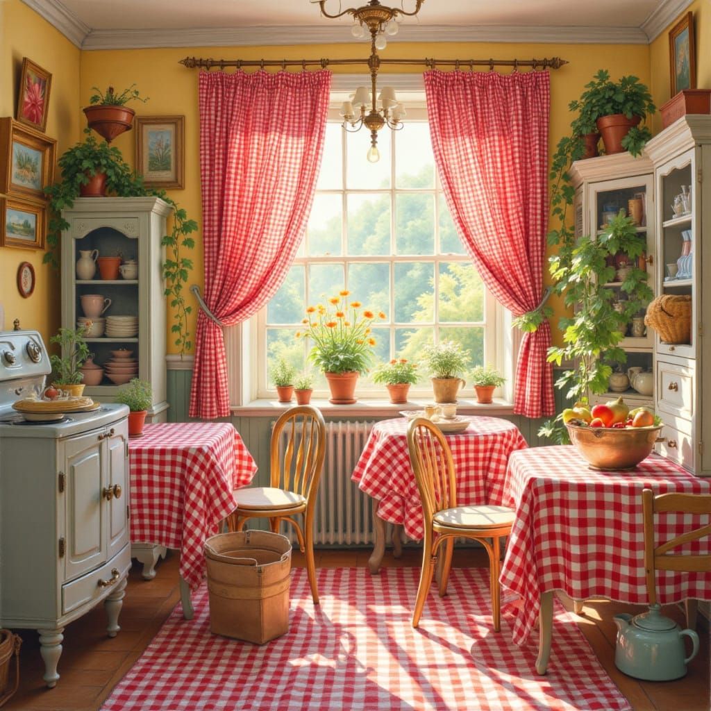 <lora:Gingham World:1.0> A cozy vintage kitchen decorated with red and white gingham curtains, matching gingham tablecloth, wooden furnitur...