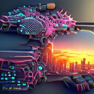 Bright detailed nanotech cyberpunk sunset