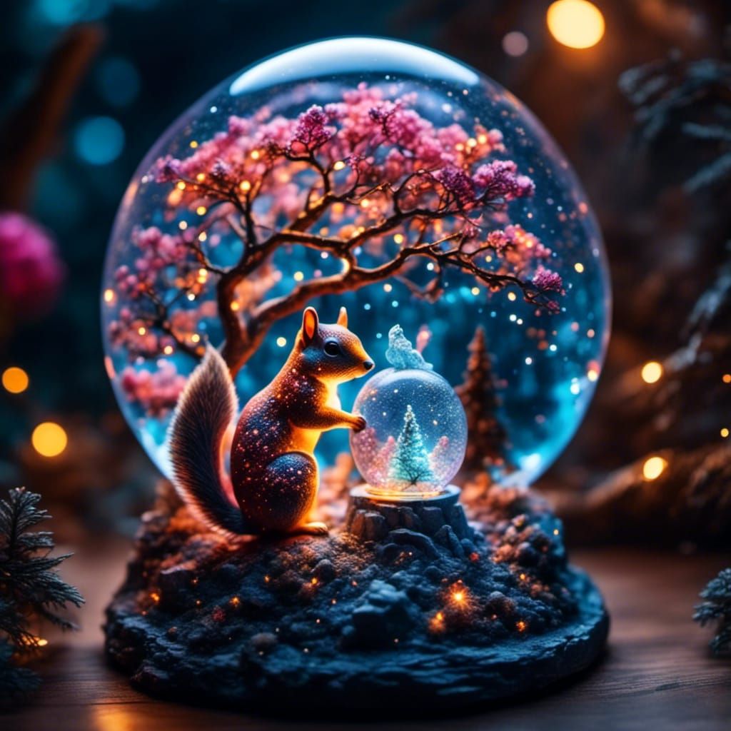 <lora:Night Sparkle:1.0> Snow globe with an Ethereal, Pointillist-inspired squirrel next to an enchanted tree inside à la Roberta Buffo with...