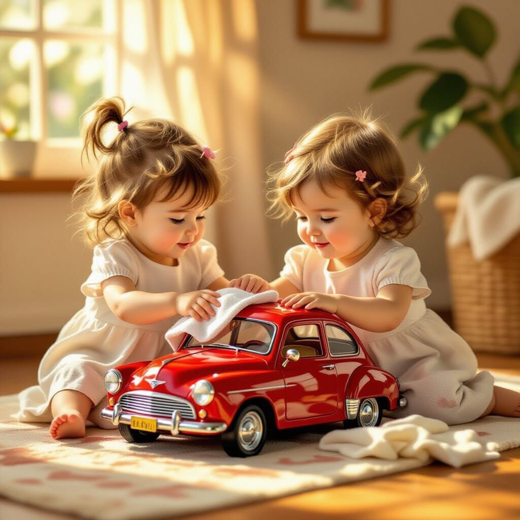 Two Babies Playfully Cleaning a Toy Car