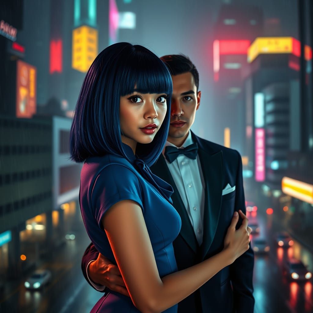 Cyberpunk Noir Goddess Embracing Holographic Suitor in Rainy...