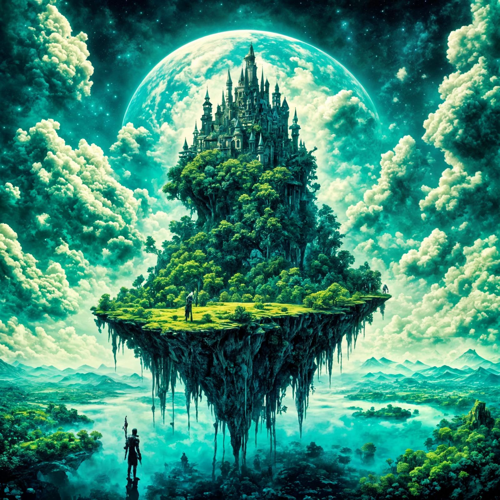 Anime Warrior on Floating Island in Surreal Sky