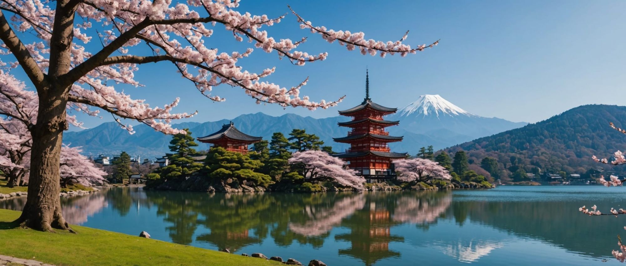 Physics. Spheres gravity. Orb light stream. A beautiful ancient sakura tree in front of a lake. Mountains and Japanese temples in the backgr...
