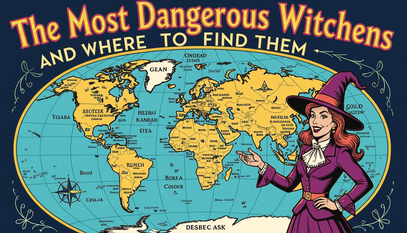 Geo witches poster art on top the  written with the words "The most dangerous witches and where to find them", representation of the world p...