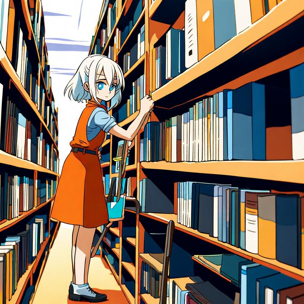 young anime girl, blue eyes,white hair, cleaning a bookshelf...