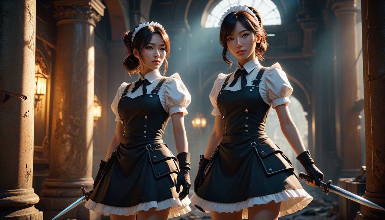 Epic Warhammer 40k Maid Cafe Combatants in Ruined Temple