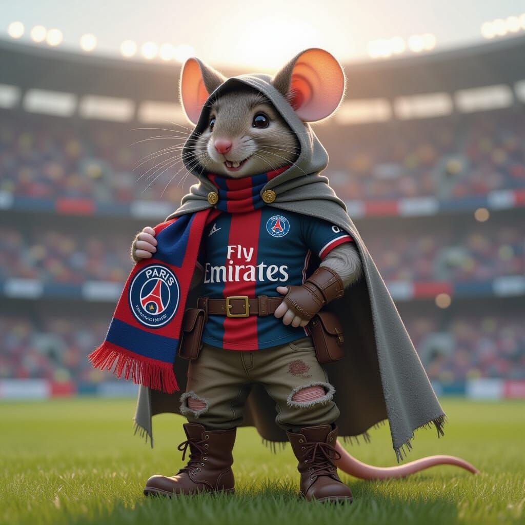 a highly detailed anthropomorphic mouse in worn clothes, boots and a grey cape on his shoulders and head at the stadium holding a PSG scarf....