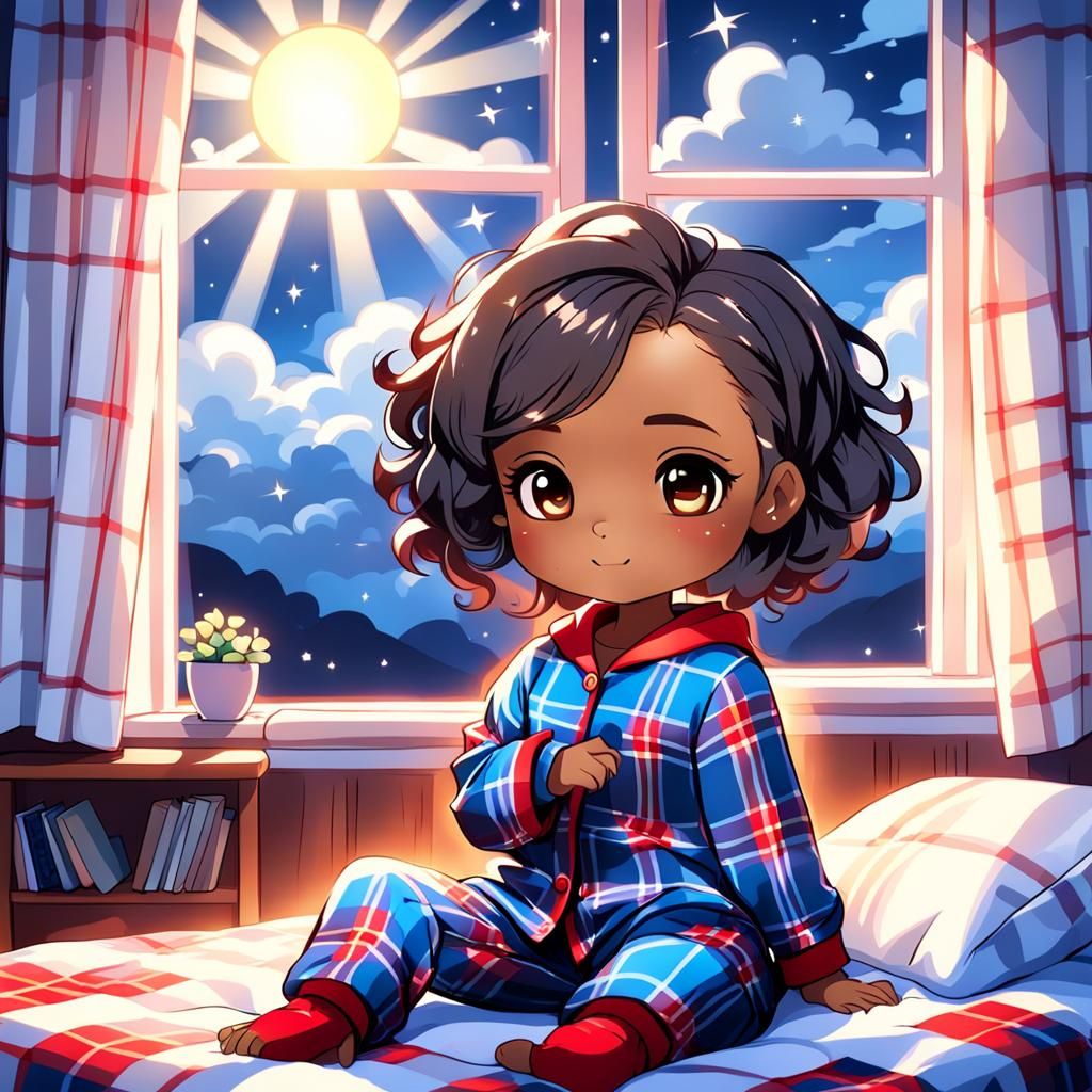 Chibi Me Sitting By The Window In Her Plaid Patterned Pajama...