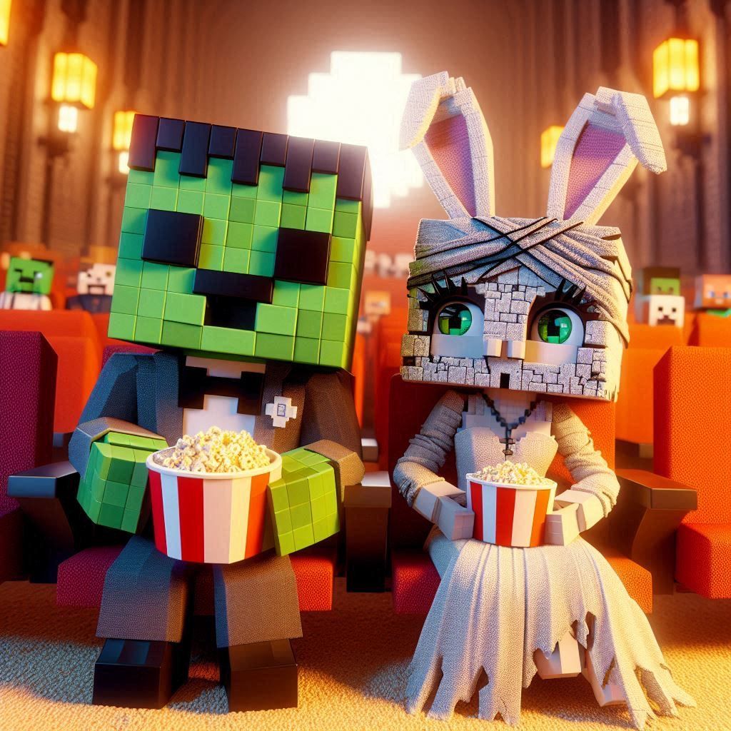 monster and the bunny bride enjoyin' popcorns at minecraft movie theater