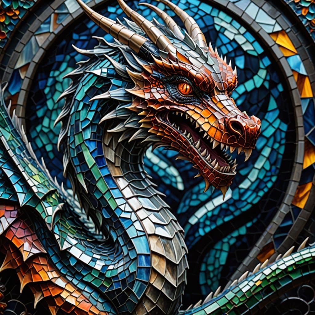 glass mosaic of a dragon  by @Tangled Serendipity