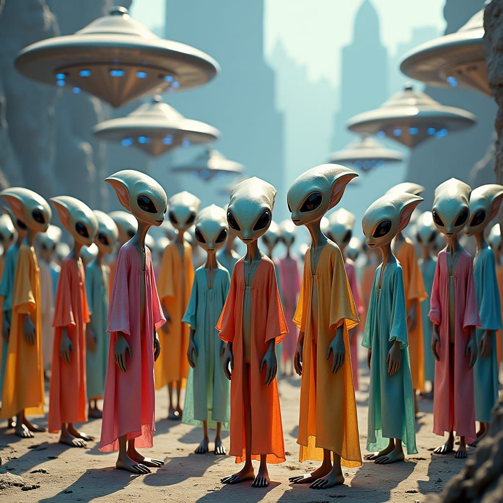 Surreal Alien Gathering with Gleaming Flying Saucers