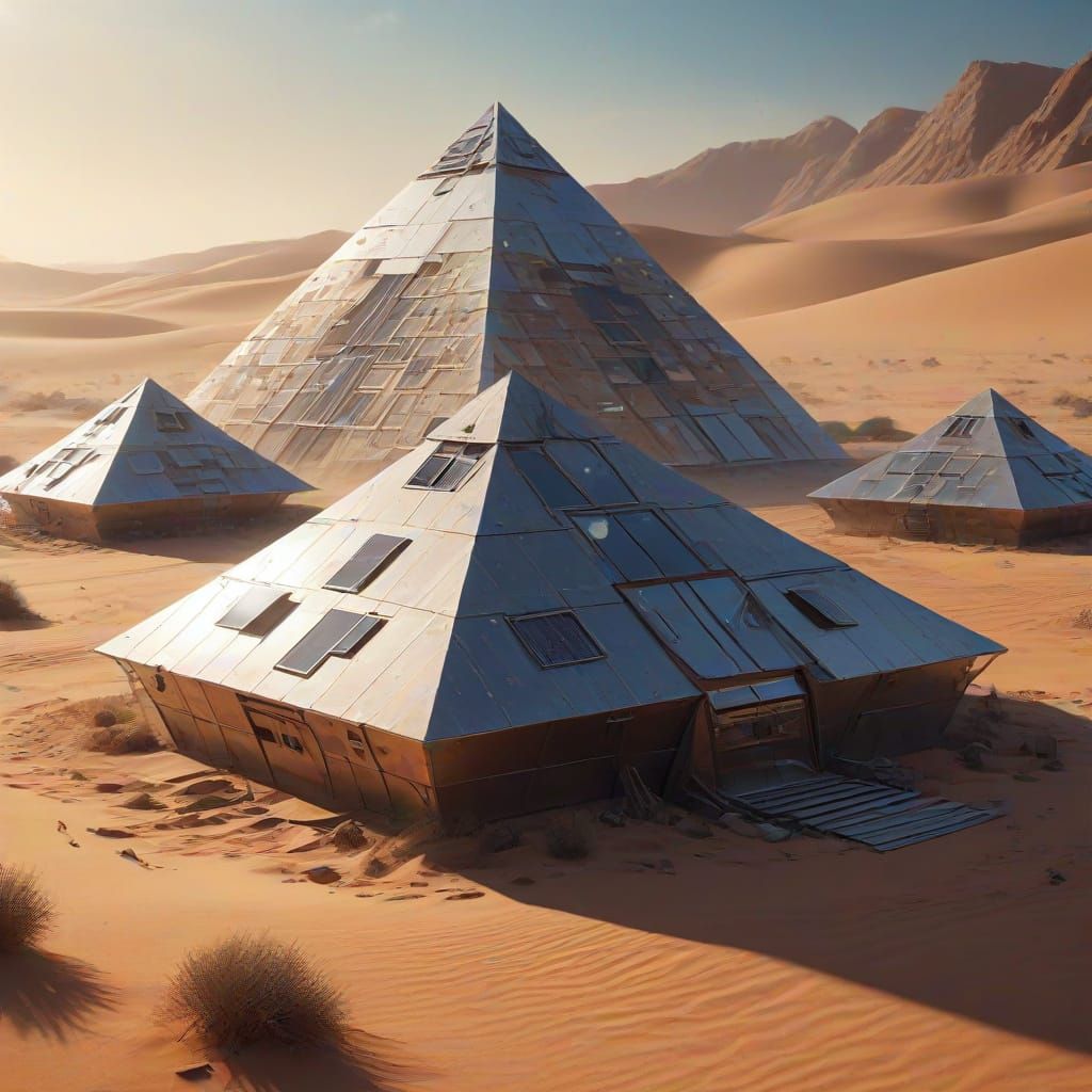 A futuristic desert hideout, camouflaged as shifting dunes, with massive solar panels, underground bunkers filled with high-tech weaponry, a...