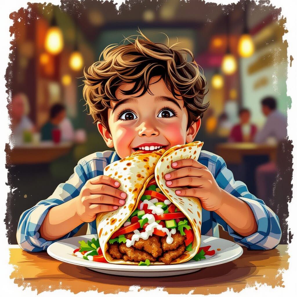 Boy Eagerly Eating Delicious Shawarma Illustration