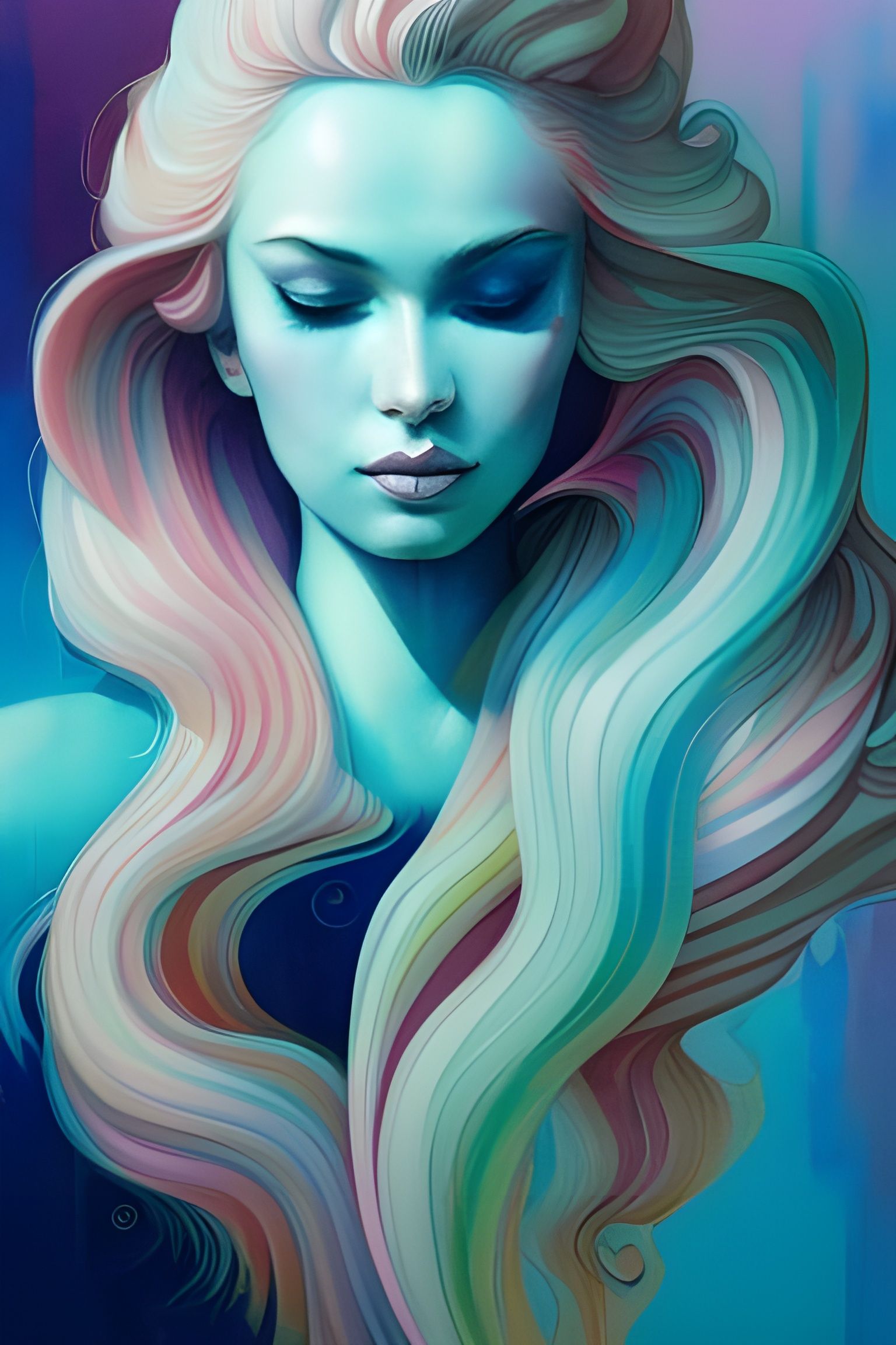watercolour, Jun the swan, platinum flowing hair; synthwave ...