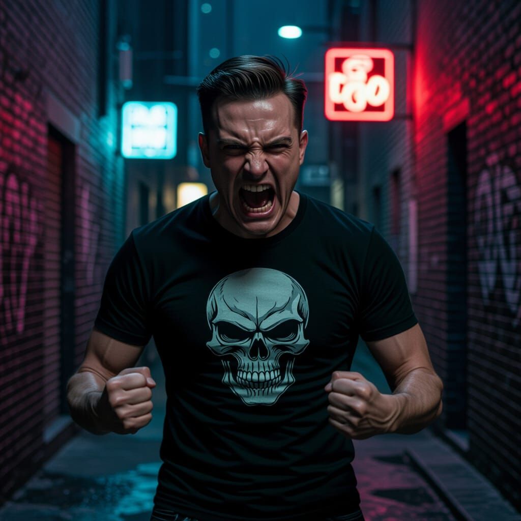 Photorealistic Rage in Gritty Alleyway