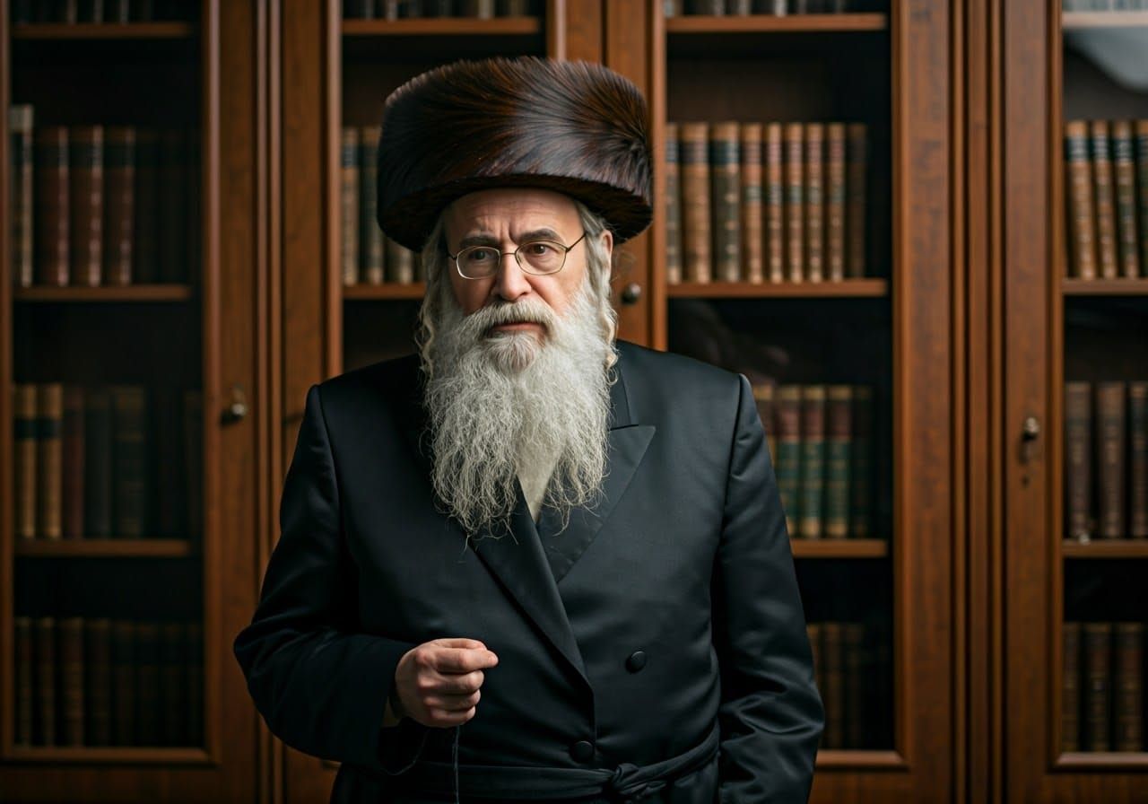 Serious Hasidic Rabbi Lost in Thought Amidst Traditional Att...