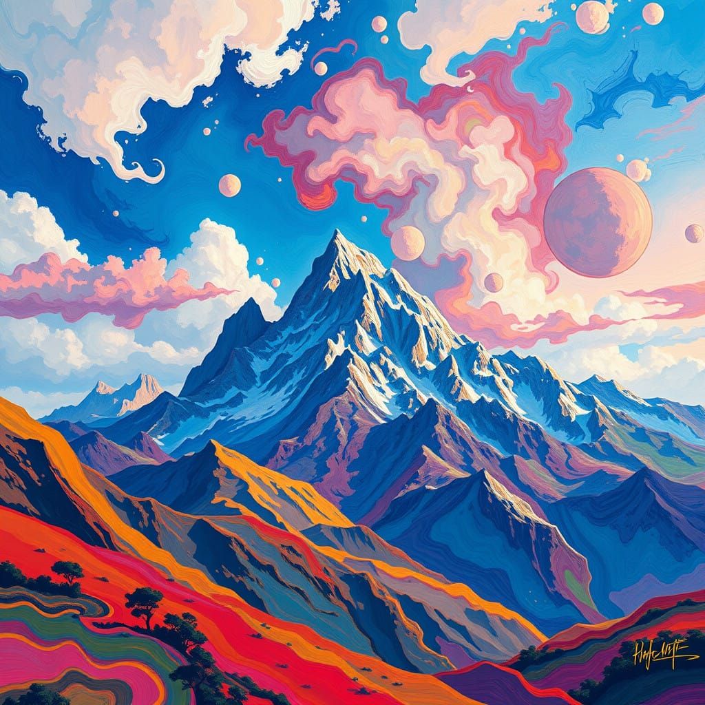 An Impressionist-style illustration of a mountain with a broad aspect ratio.