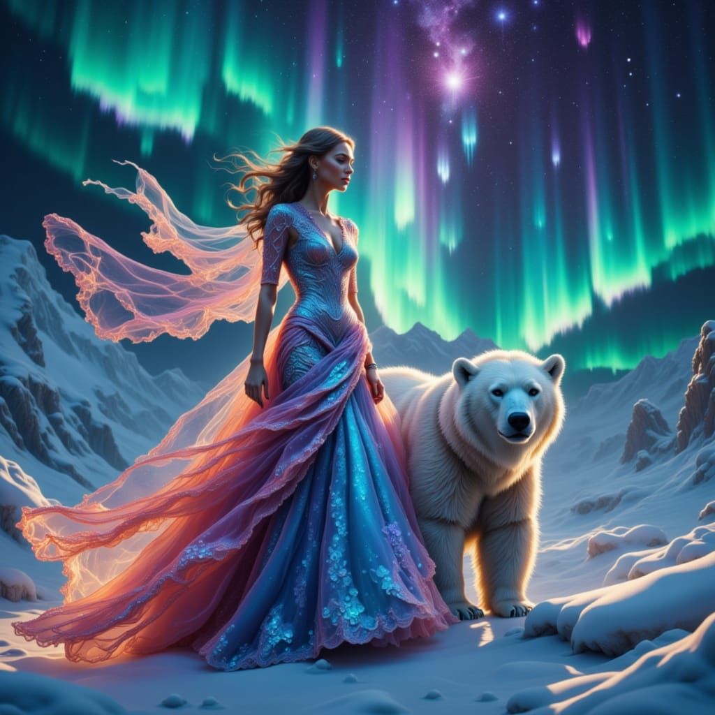 <lora:My pets:1.0><lora:My outfits:1.0> a model with a Arora borealis inspired runway dress next to a polar bear