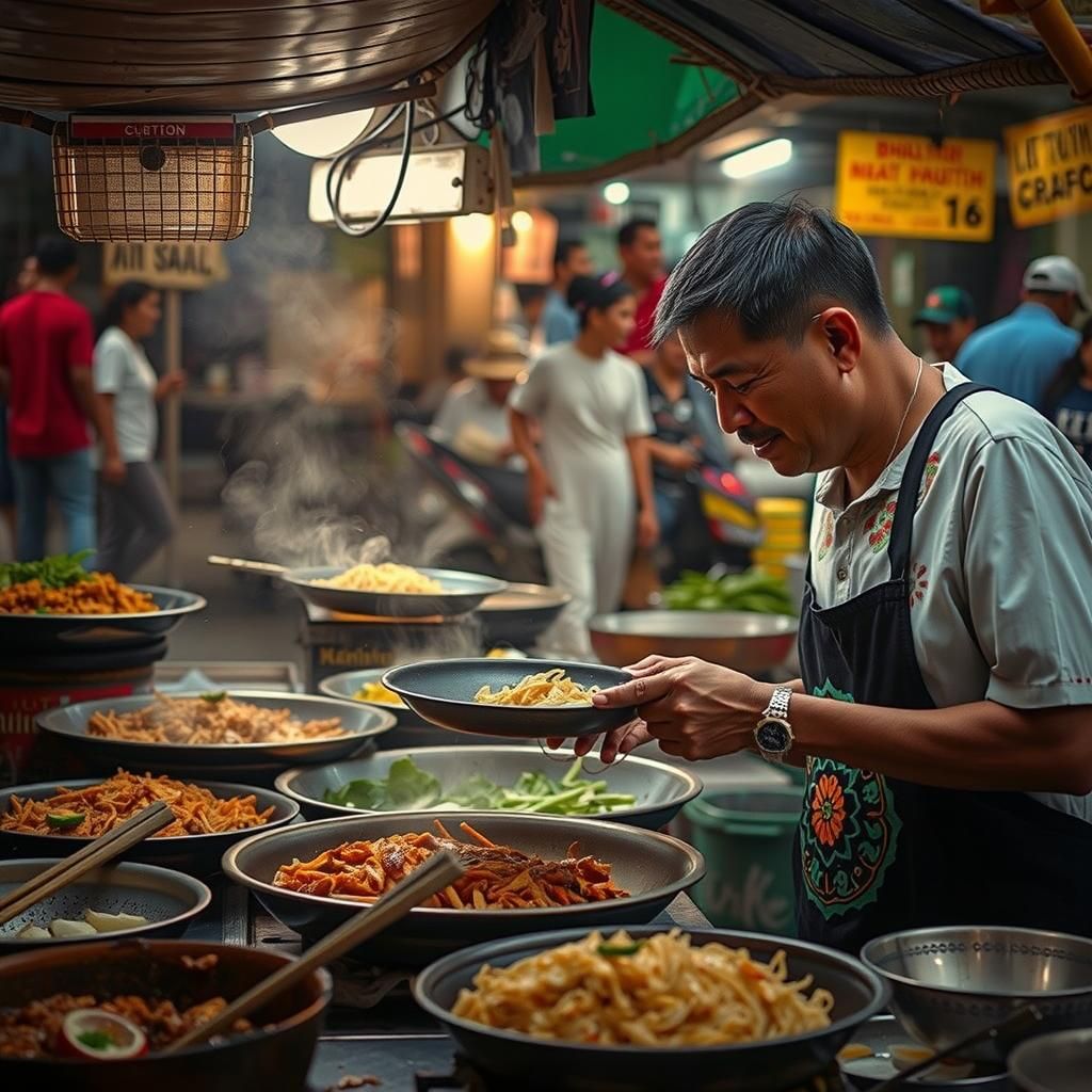 A busy street food vendor in a market in Kuala Lumpur, Malaysia.  by @Simon C