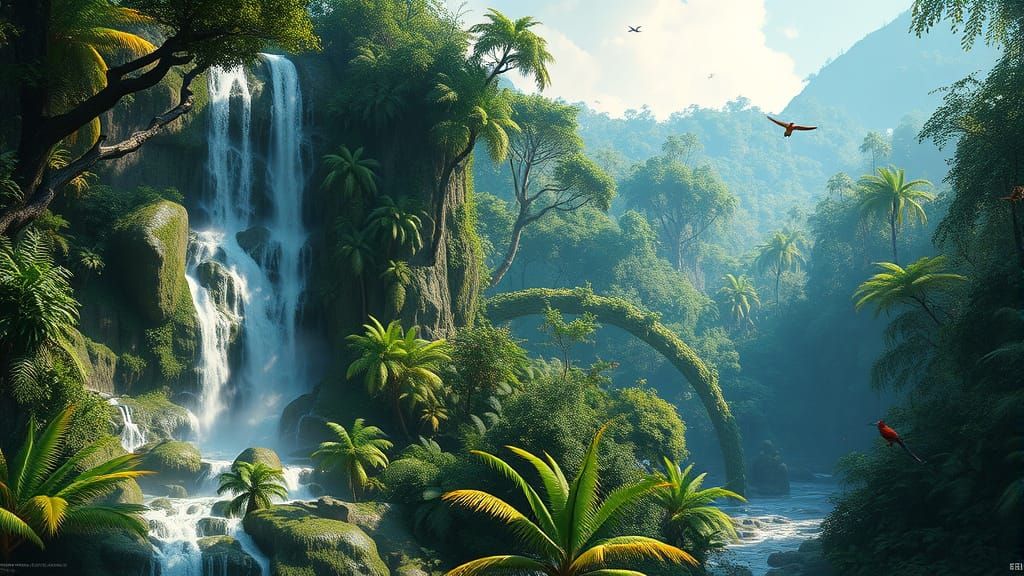 For the "Earth" challenge, envision a lush, vibrant rainforest teeming with life, with cascading waterfalls, ...  by @Steveiam