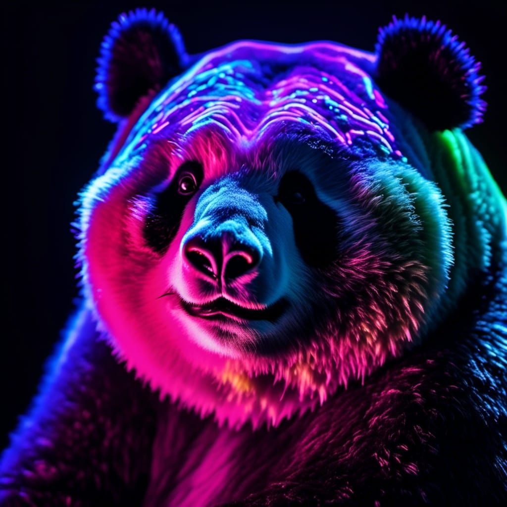 Photograph Portrait: Living Bioluminescent Fuzzy Obese Panda with UV Blacklight fur <lora:FlamBear:1.0>