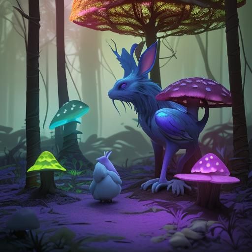 Whimsical Forest: Birds and Rabbits in Digital Art