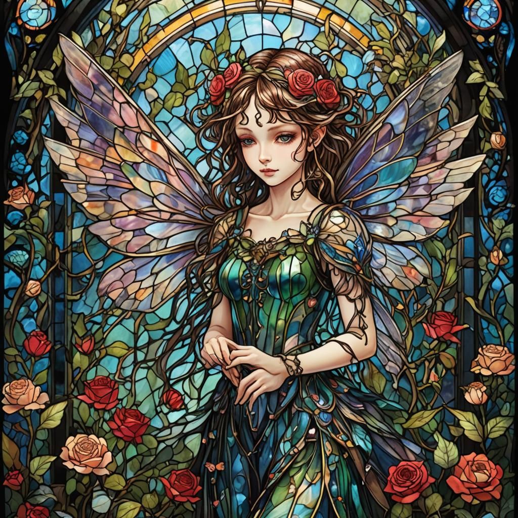 (Intricately detailed stained glass art of a magical fairy with amazing ...