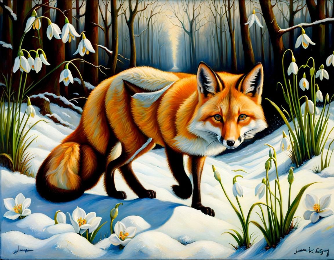 fox in the snow, with snowdrop flowers