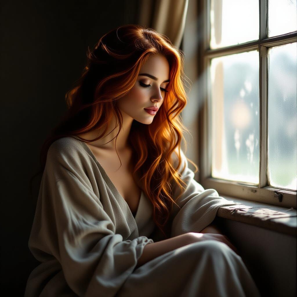A beautiful princess is looking through a castle window while it rains outside.