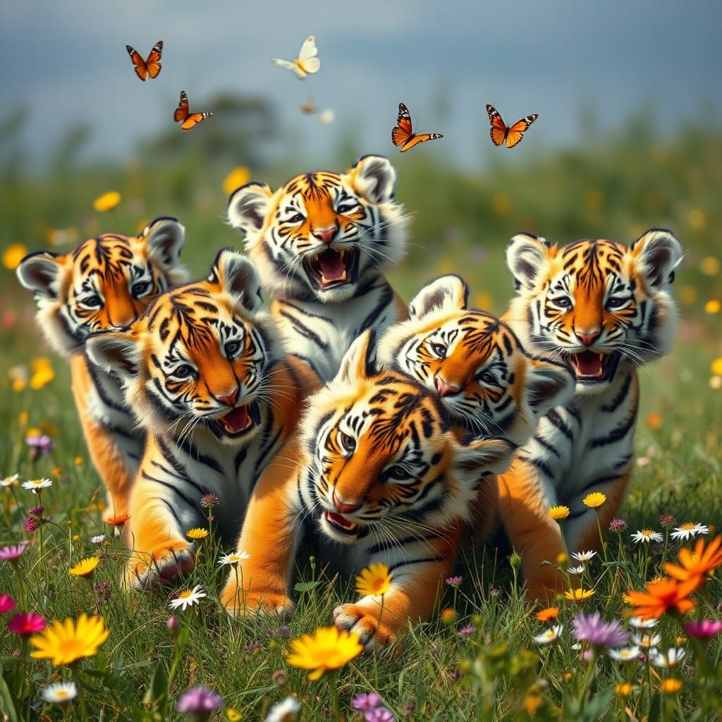 tiger cubs in a wildflower field