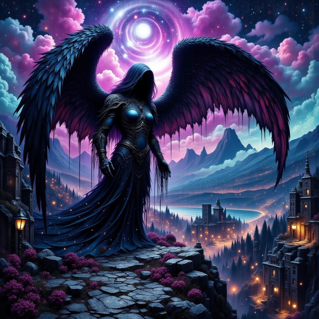 <lora:Don Macana Style:1.0> <lora:Shadow whimsy:1.0> <lora:mystic flux:1.0> <lora:Morbid:1.0> Angel of ...  by @mementoMinnie