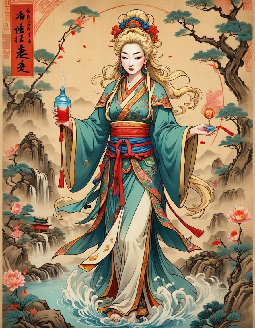Gorgeous blonde Quan Yin in traditional Chinese babydoll gar...