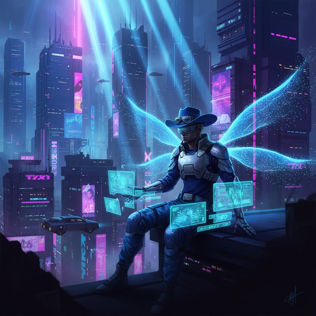  wearing a blue and white outfit with several accessories, including a blue cowboy hat with what appears to be goggles on it. The avatar als...