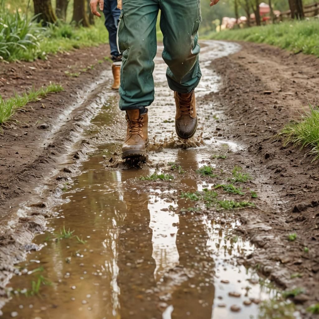 Little Country Boy Jumping in Puddles