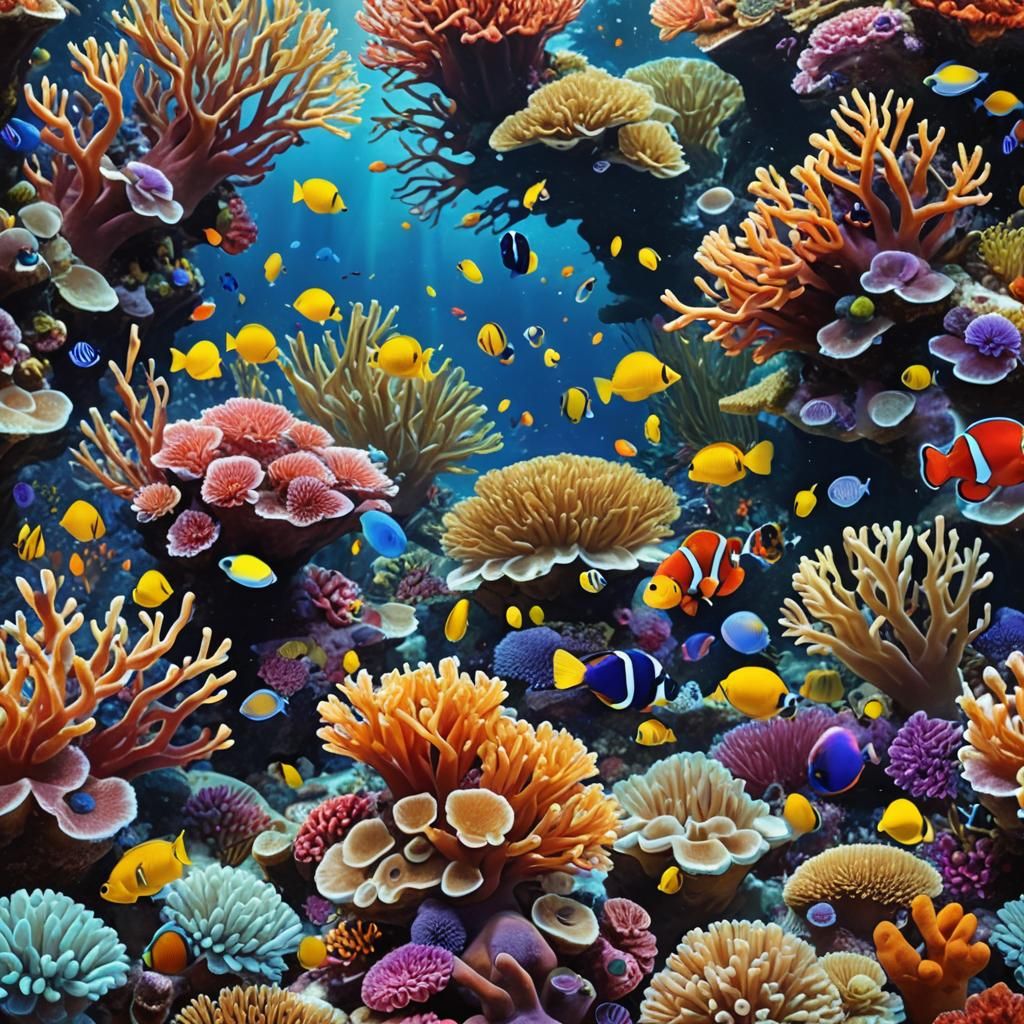 A vibrant coral reef bursts with stunning colors beneath the...
