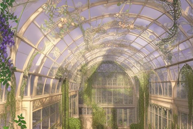 INSANELY DETAILED BEAUTIFUL EXQUISITE VICTORIAN GLASS GREENHOUSE PATINA GREEN ARCOLOGY WISTERIA 16K RESOLUTION DYNAMIC INTRICATELY HYPERDET...