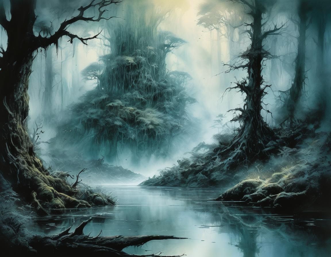 Create a watercolor comic scene in the style of Luis Royo, d...