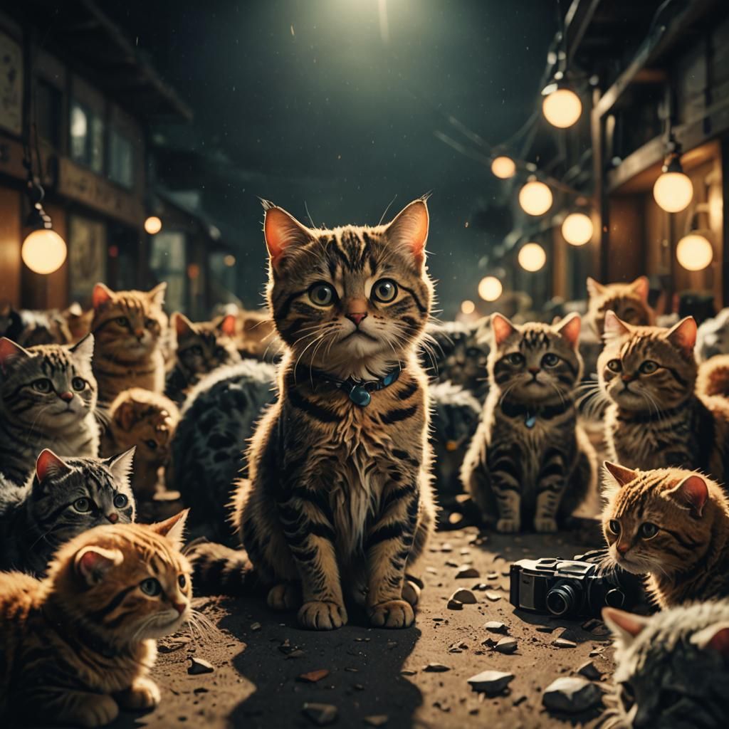 Cute cat illustrations Cinematic film still, shot on v-rapto...