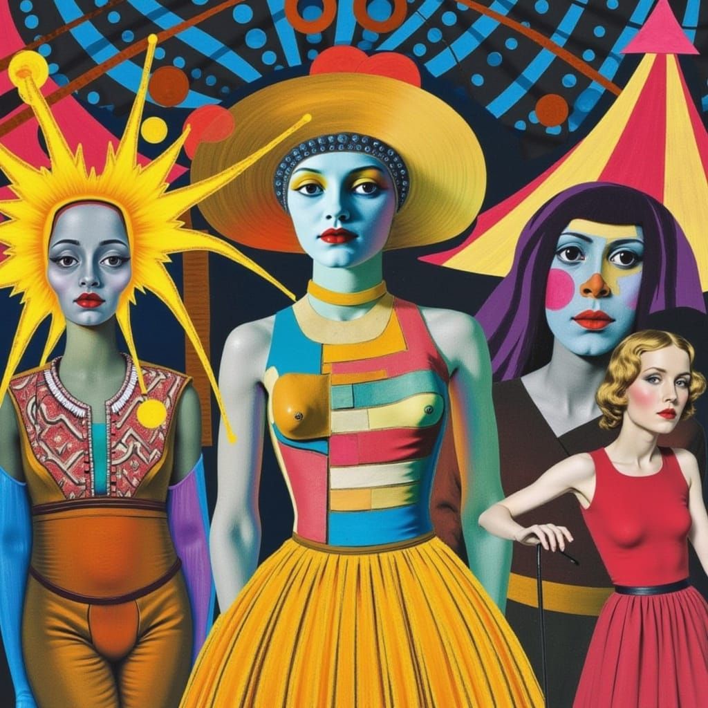 <lora:Glitches:1.0> Under the big top, circus side show, J. C. Leyendecker Mondrian sketch intricate details, fluid motion, cinematic dramat...