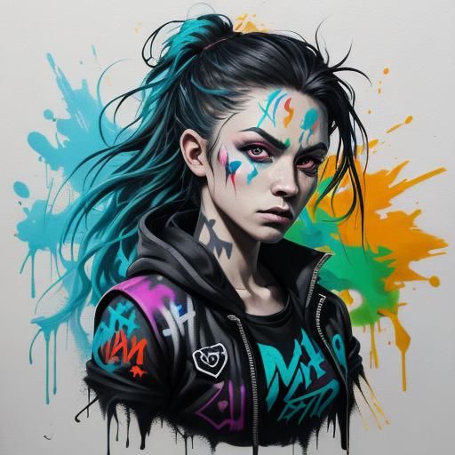 Rebellious Graffiti Character in Polychromatic Street Art
