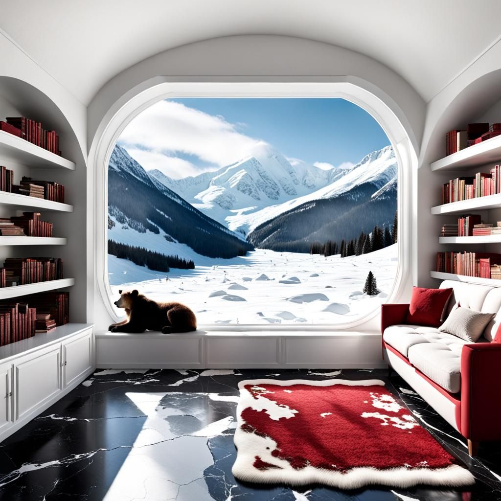 white shelves surrounding a large window in den" sunny day with a view of distant mountain tops, bear skinned area rug,...