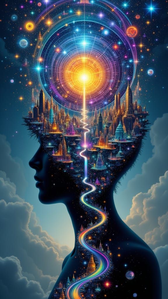 <lora:Dublex-Flux:1.0> Fantasy minimalist Double exposure of cities and kingdoms inside my mind on a split level platform of thoughts , mult...