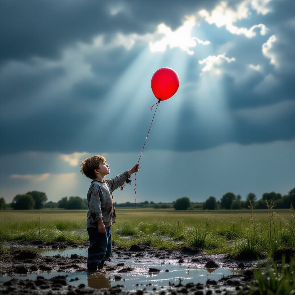 Boy with Ruined Balloon in Stormy Field, Cinematic Lighting