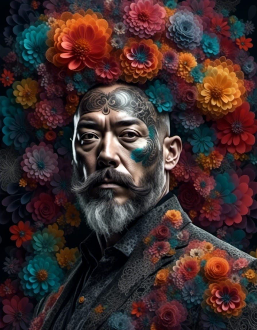 <lora:3d flower portraits:1.0> middle age man with beard, intricate round face, huge rainbow lace flowers in background, flower tattoos, whi...