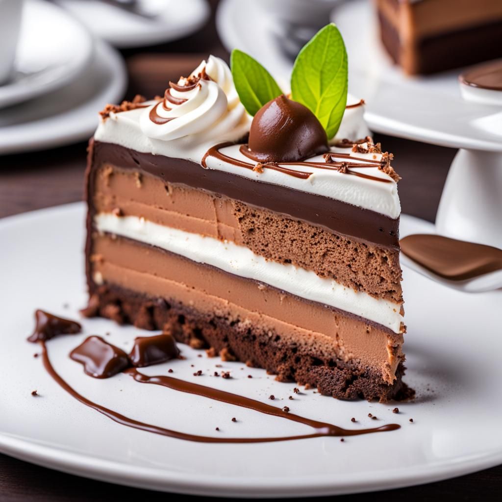 Triple chocolate mousse cake slice with whipped cream, fancy restaurant   by @LC