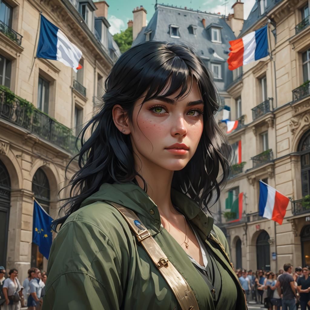 Young Woman Portrait with French Flags, Digital Art