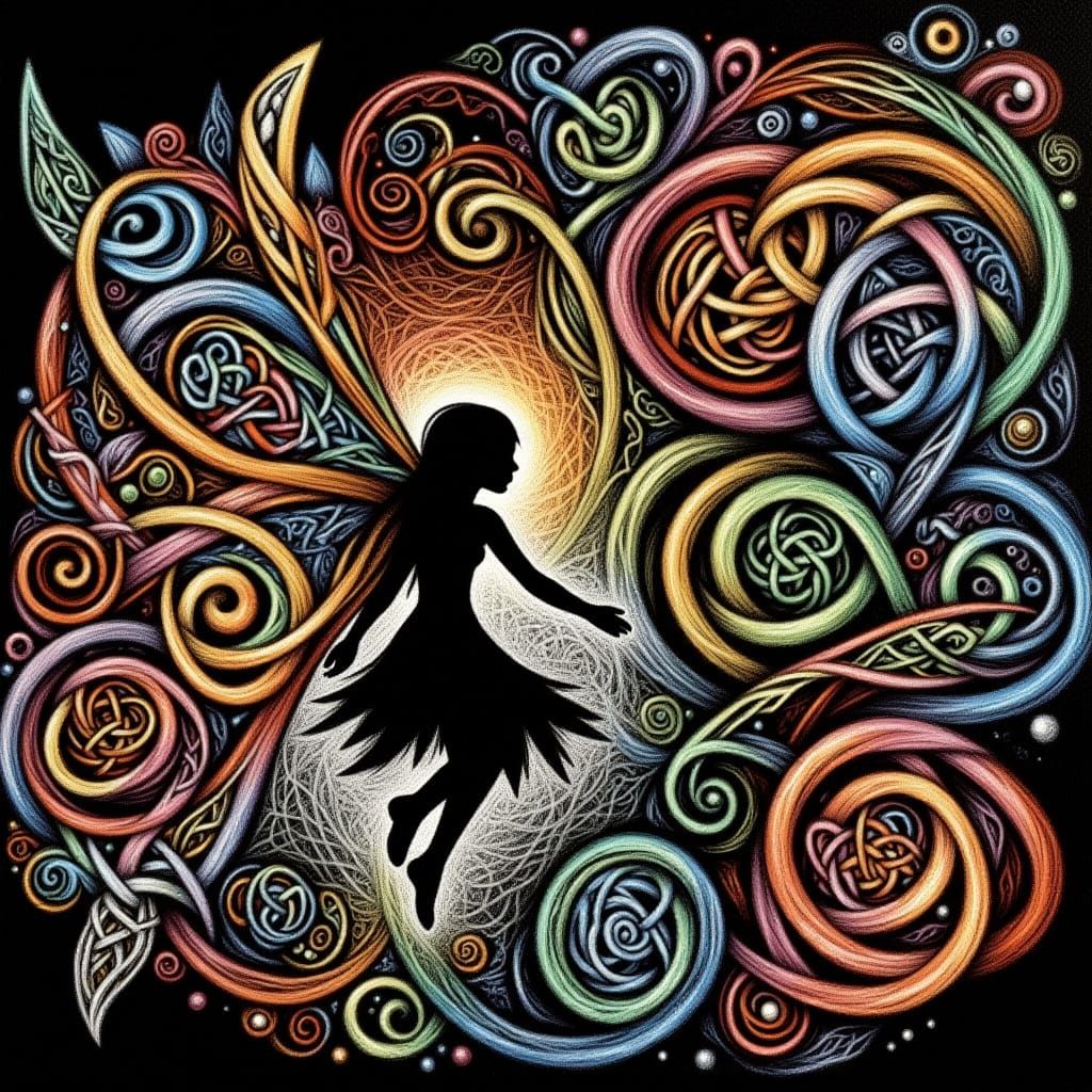 <lora:Knot Work Sketches:1.0>  Fairy in a Knotwork cosmos