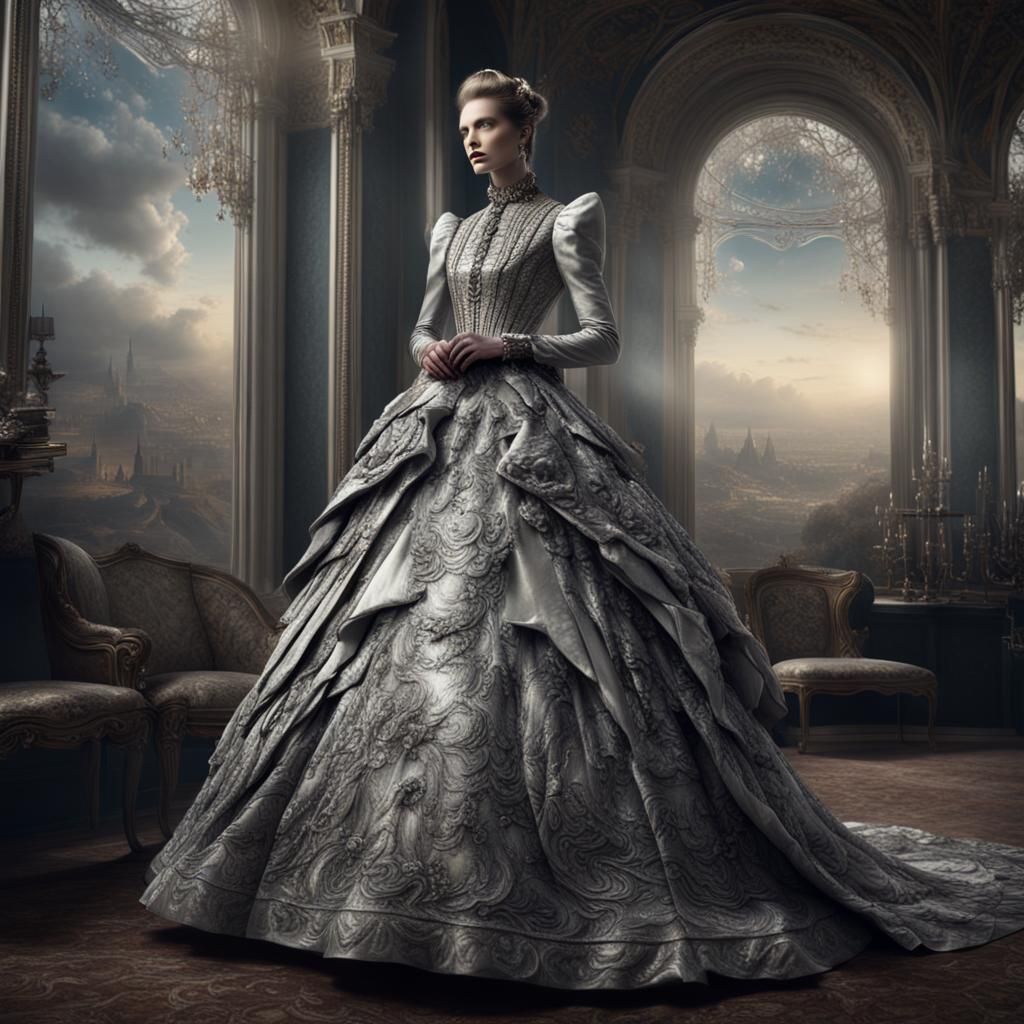 High fashion,
A model wearing a Victorian silver point dress...