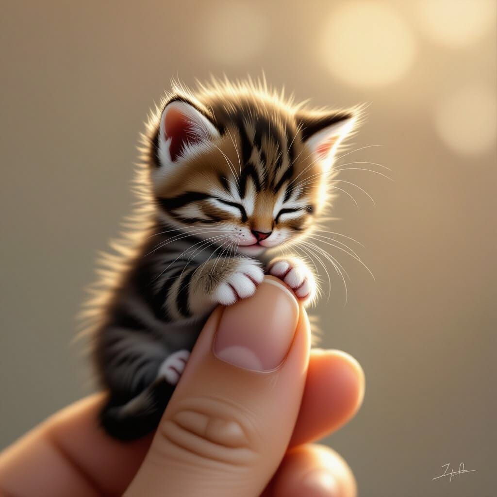 Exquisitely Detailed Miniature Cat on Finger