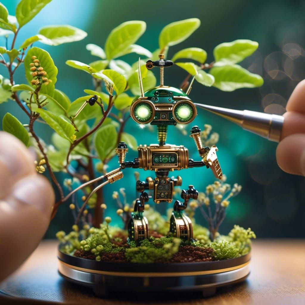 A nanobot shaped like a tiny gardener, tending to a bonsai tree with microscopic tools.
